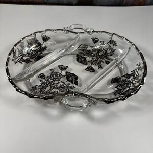 Vtg Silver Overlay Fostoria Glass Flanders Poppy 3 Part Divided Relish Dish 1940